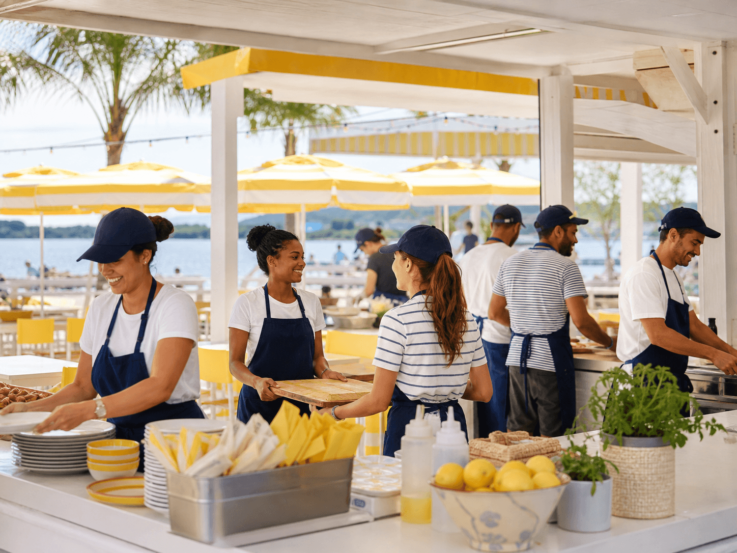 Luca's team preparing for a beachside shift
