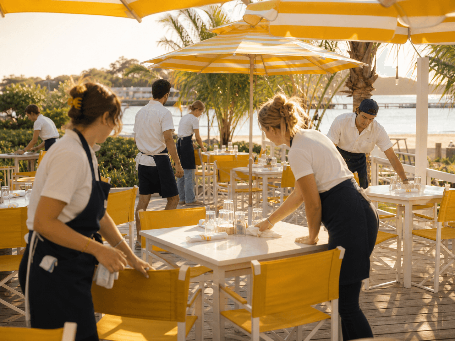 Luca's team setting tables under beach umbrellas