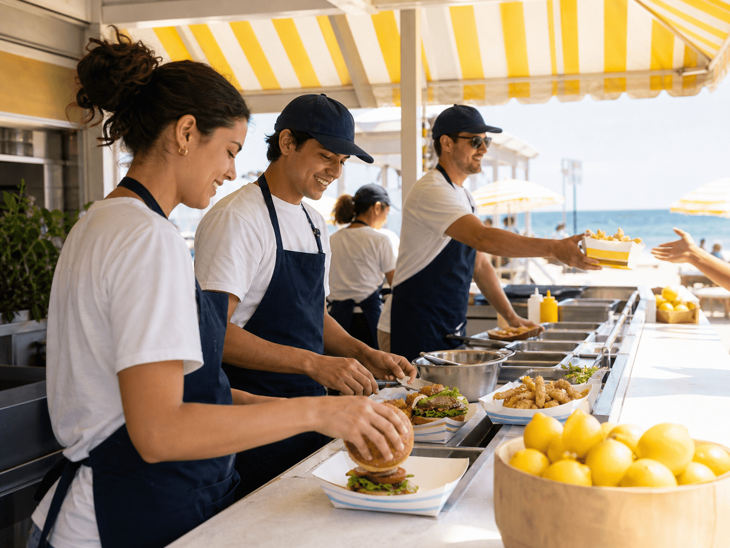 Luca's kitchen team prepping coastal food together